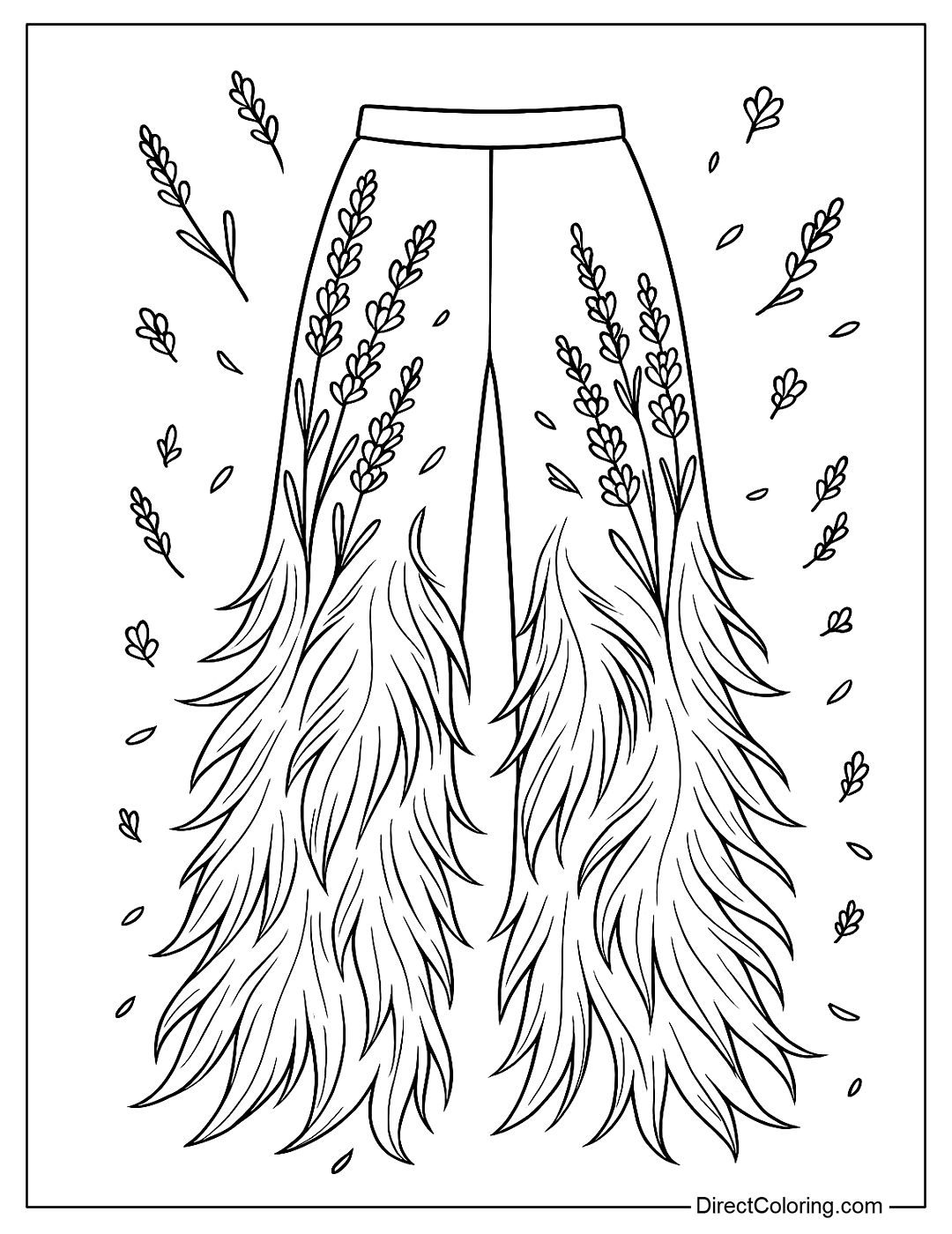 Coloring page of light, airy pants made of lavender and feathers, with floral details flying around